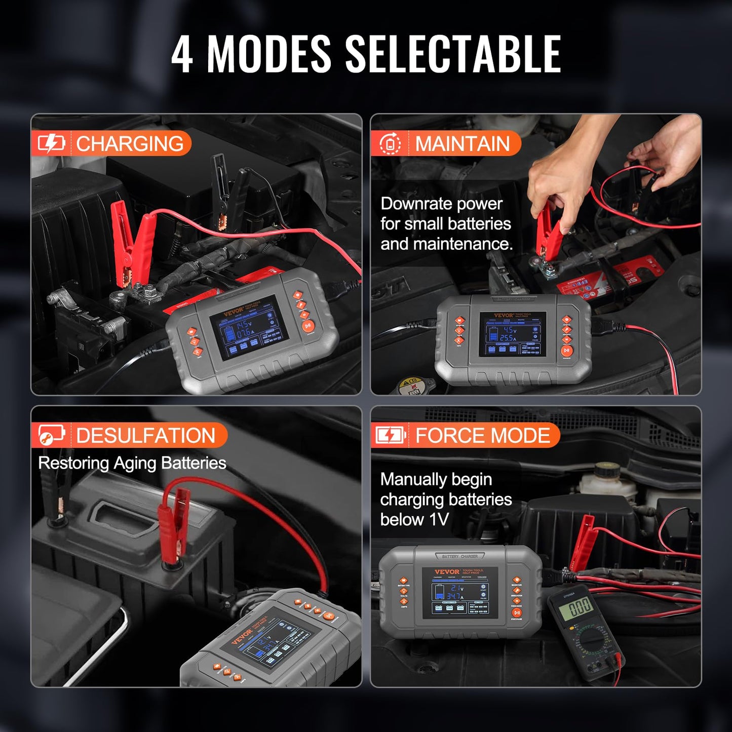 VEVOR Smart Battery Charger, 35-Amp, Lithium LiFePO4 Lead-Acid (AGM/Gel/SLA) Car Battery Charger with LCD Display, Trickle Charger Maintainer Desulfator for Boat Motorcycle Lawn Mower Deep Cycle VEVOR