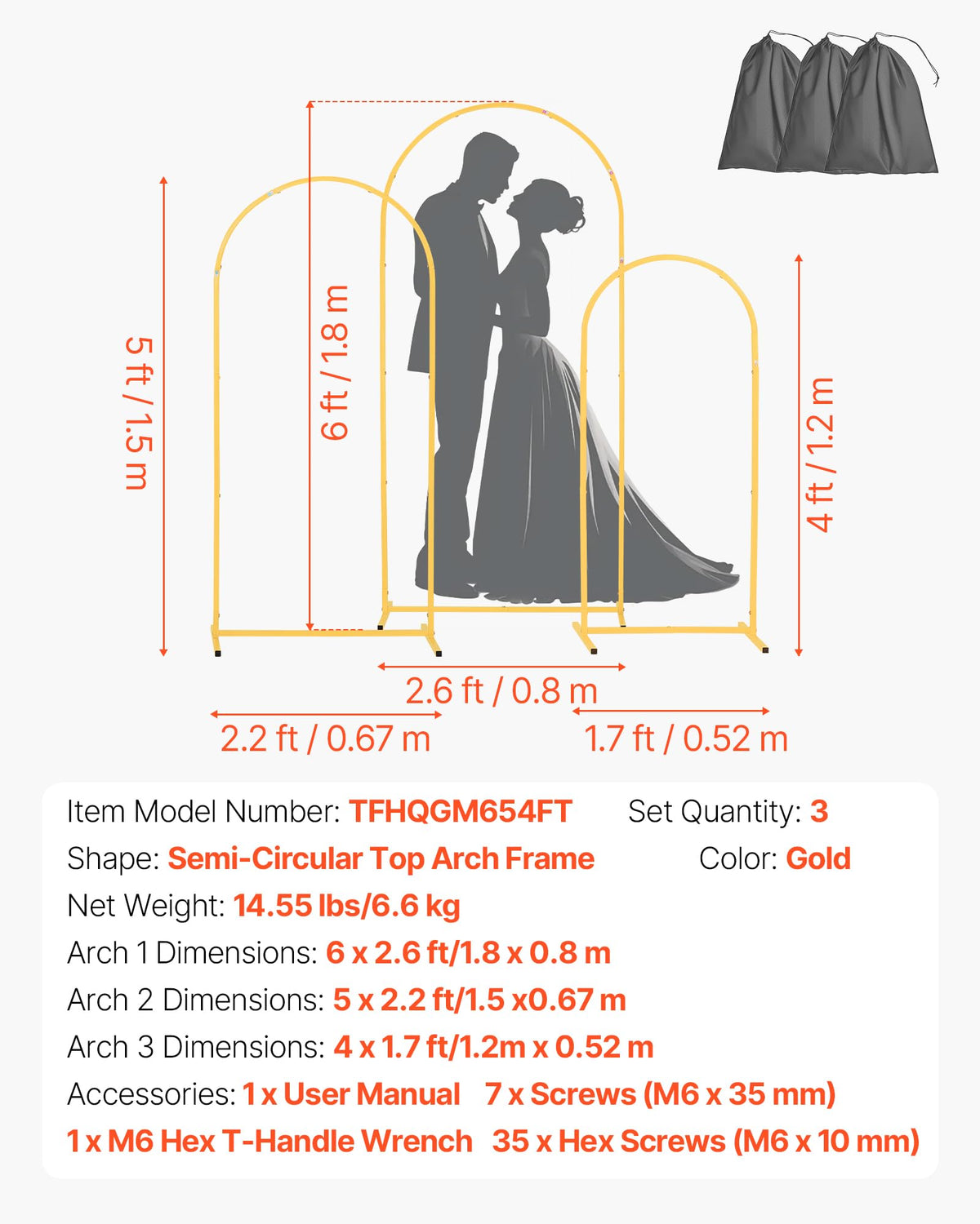 VEVOR Arch Backdrop Stand, Set of 3, 6/5/4 ft, Stable Structure, Easy Assembly, Gold Metal Arch Backdrop Stand for Wedding, Birthday Party, Graduation, Holiday Celebration, and Ceremony Decoration 🍁 All In One Marketplace Canada