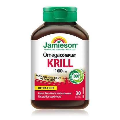 Jamieson Omega Complete Pure Krill Oil, 1000 mg, 30 Softgels, No Fishy Aftertaste, Supports Heart Health, High Potency, Provides Superior Absorption. With Antarctic Krill Oil, Proudly Canadian Jamieson