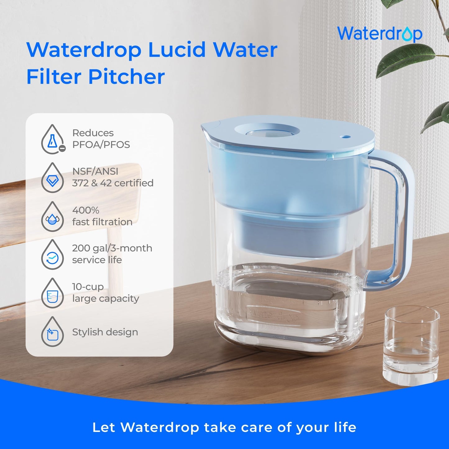 Waterdrop PT-07B Water Filter Pitcher, 10-Cup, NSF Certified Water Filter Pitcher, 200-Gallon Long-Life Filter, Reduces PFOA/PFOS and Chlorine, 5X Longer Filter Life, Blue 🍁 All In One Marketplace Canada