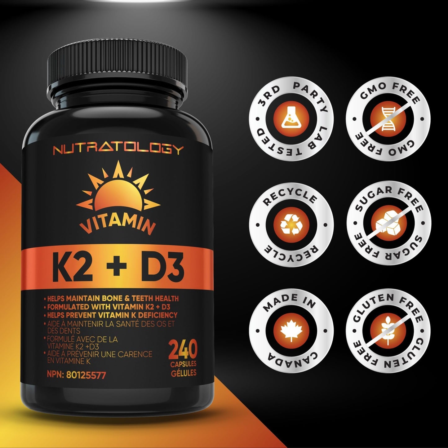 Nutratology® Vitamin K2 + D3 | Canadian-Made | Highest Potency 120MCG/1000 IU - 240 Capsules - Helps Maintain Bone & Teeth Health - Formulated With MK-7 For Best Results - Immune System Support.