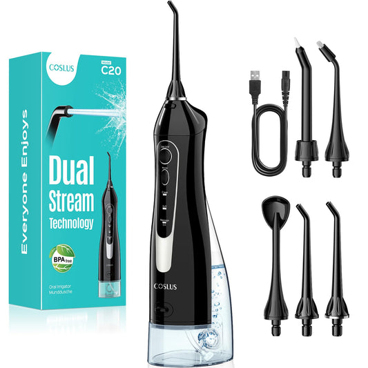 COSLUS Water Teeth Flosser C20 (F5020E): 300ML Cordless Electric Water Tooth Flossing Rechargeable IPX7 Waterproof Portable Travel Flossers Set for Teeth