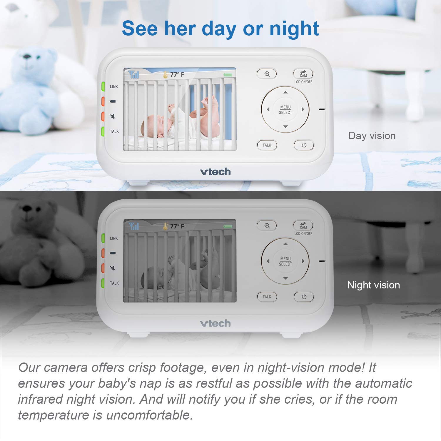 VTech VM3252-2 Digital Video Baby Monitor with 2.8" LCD 2 Cameras and Automatic Night Vision, 1 Count, White VTech