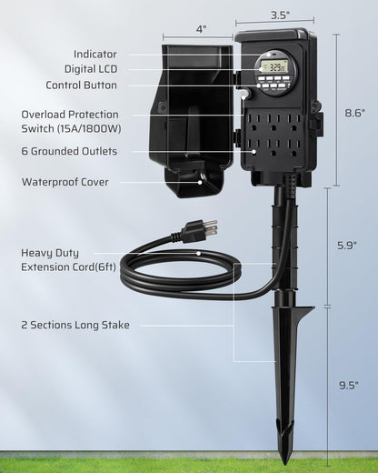 DEWENWILS Outdoor Digital Power Strip Timer, Outdoor Multi Socket Timer, Waterproof 6 Outlet Garden Power Stake, 6ft Cord, for Halloween/Christmas Lights, Yard, Garden, 15A Heavy Duty 🍁 All In One Marketplace Canada