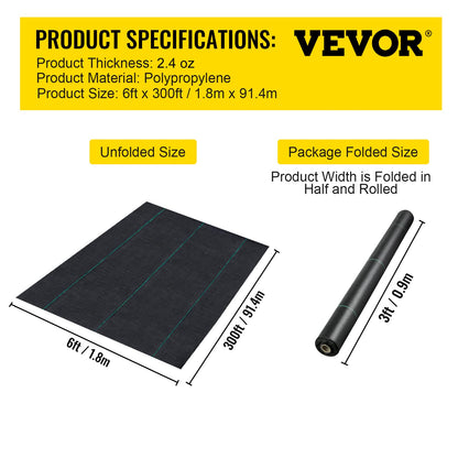VEVOR 6FTx300FT Premium Weed Barrier Fabric Heavy Duty 2.4OZ, Woven Weed Control Fabric, High Permeability Good for Flower Bed, Geotextile Fabric for Underlayment, Polyethylene Ground Cover