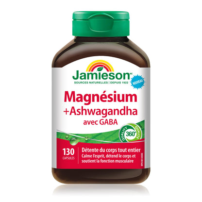 Jamieson Magnesium & Ashwagandha with GABA, Promotes Relaxation, Stress Relief, Sleep Support, Improves Memory, Support Muscle Function, Vegetarian, NON-GMO, Oxide Free, 130 Capsules