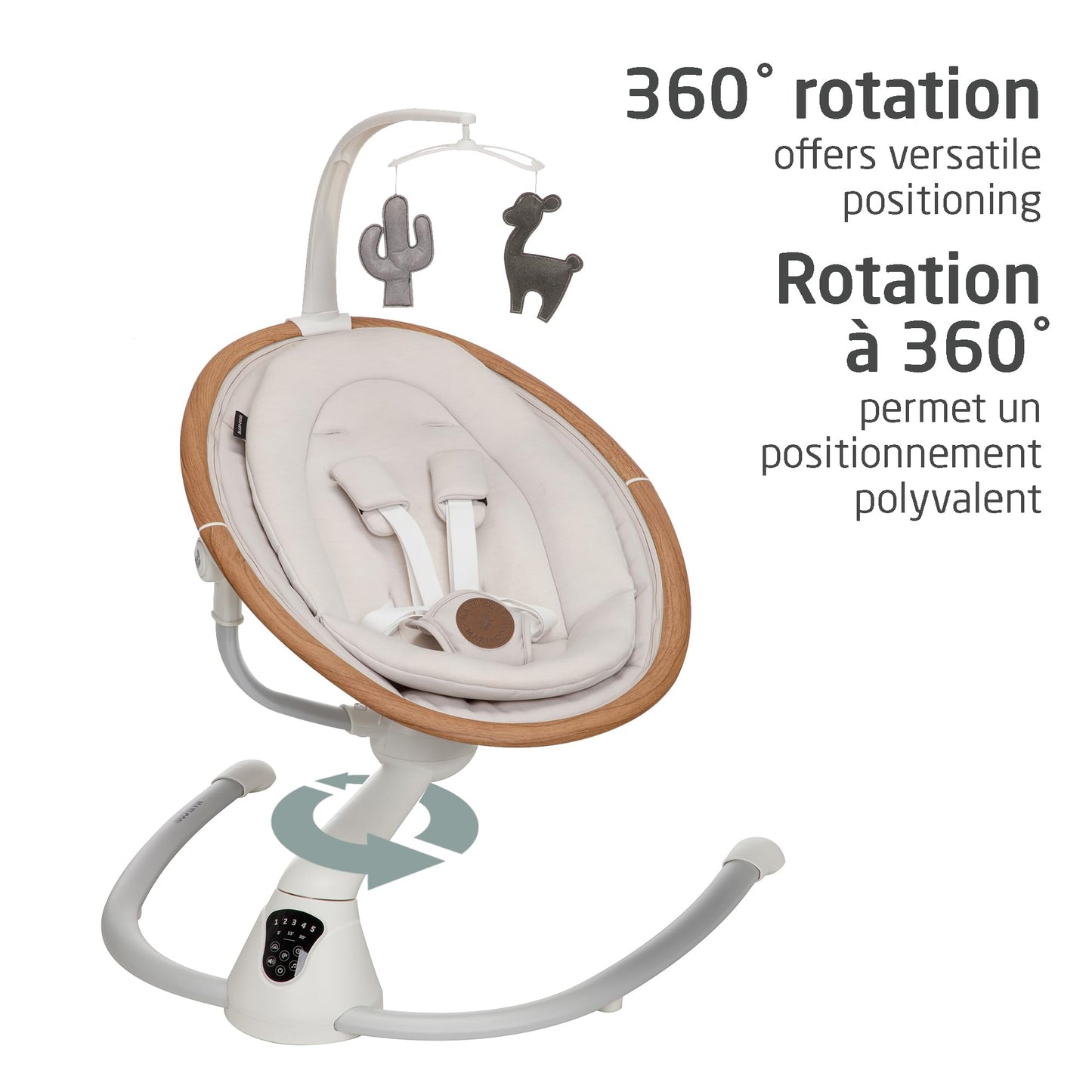 Maxi-Cosi Cassia Baby Swing, infant swing, automatic motion sensor, music, toys, recline, portable, 360 degree rotation, lightweight & foldable, Horizon Sand Maxi-Cosi
