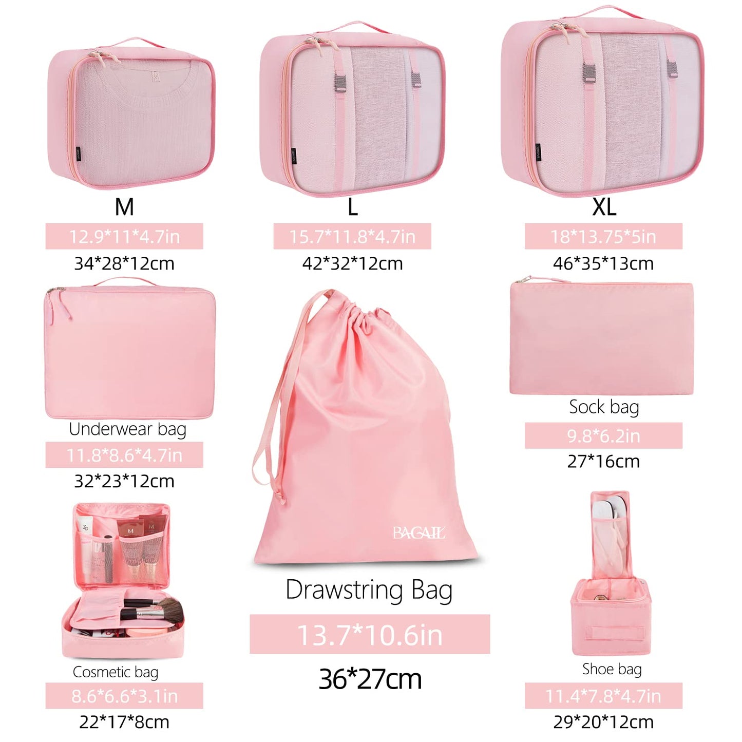 BAGAIL 8 Set Packing Cubes, Lightweight Travel Luggage Organizers with Shoe Bag, Toiletry Bag & Laundry Bag (Blush Pink)