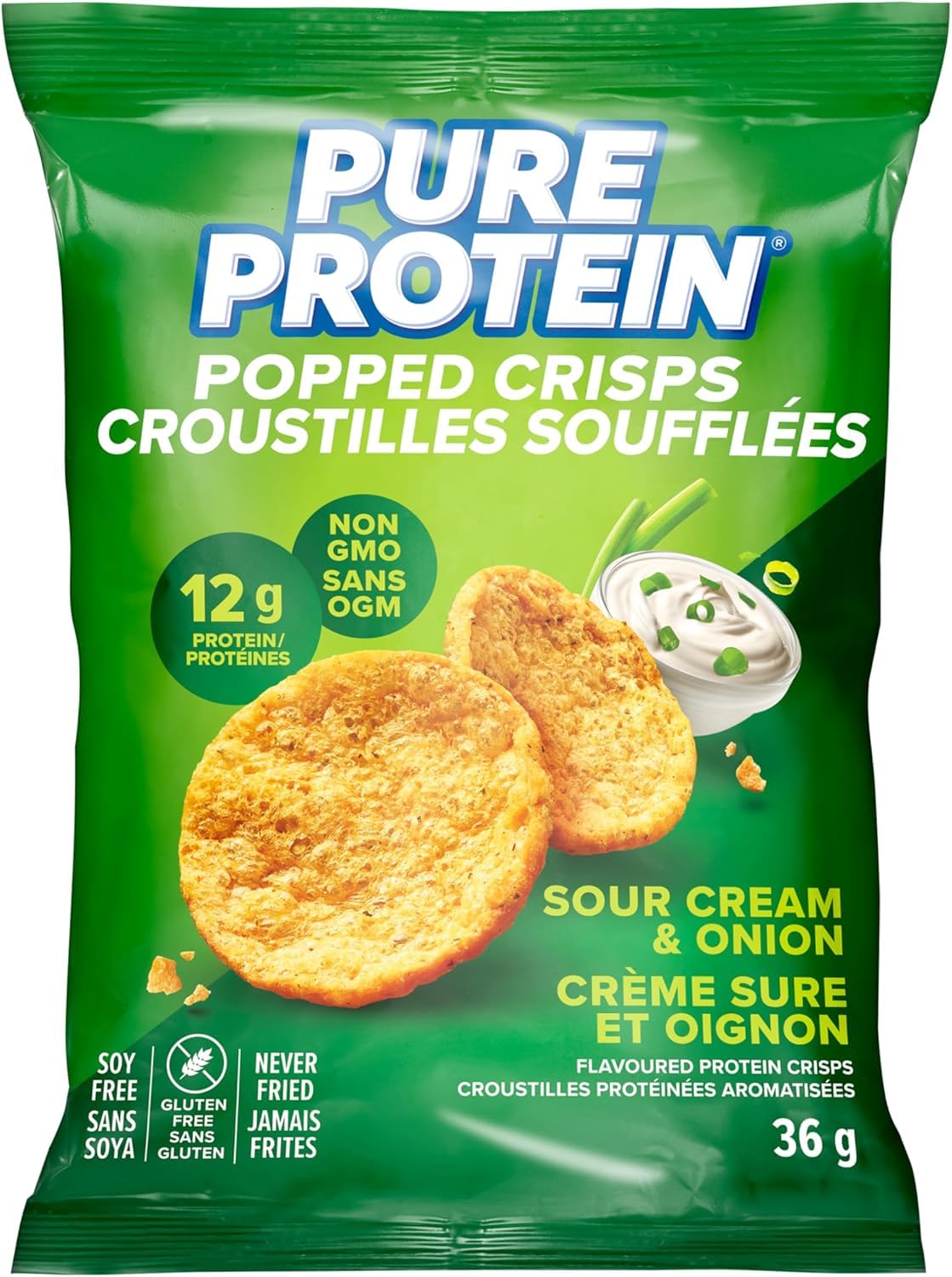 Pure Protein Popped Crisps, Sour Cream and Onion, High Protein Snack, 12 g Protein, 8 X 36 g bags