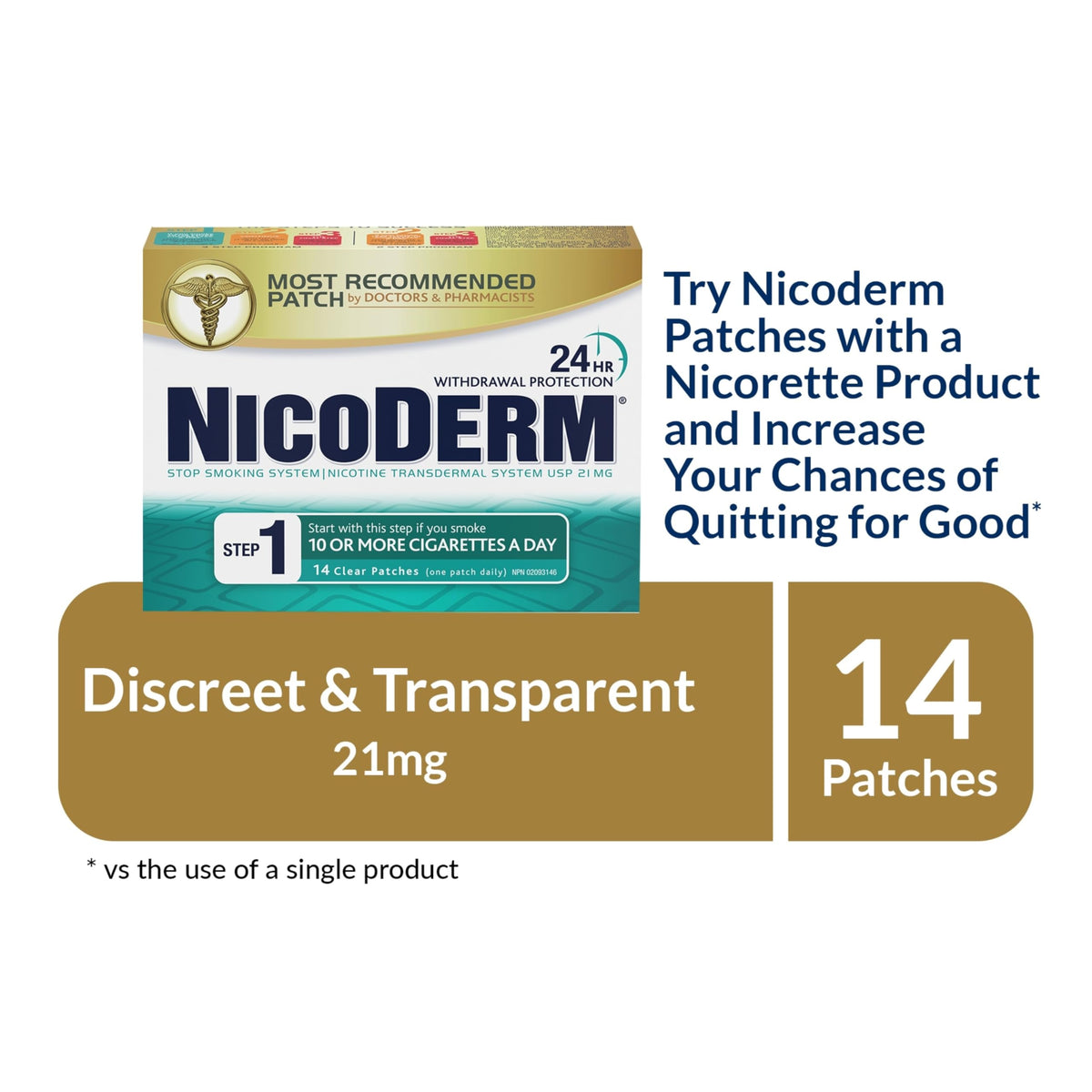 NicoDerm Clear Nicotine Patches Step 1 (21mg), 14 Count – Discreet 24-Hour