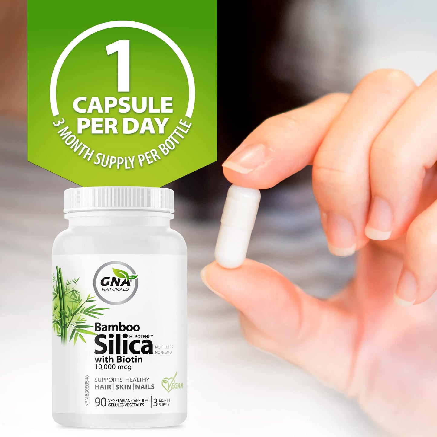 GNA Naturals - Bamboo Silica with Biotin 10,000mcg, 90 v-caps - A Supplement for Radiant Hair, Skin and Nails - Silica Supplement for Hair, Nail, Joint Care and Skin Vitality - Made in Canada - Available at All In One Marketplace Canada