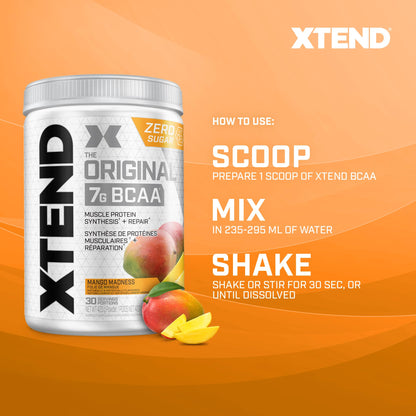 Scivation XTEND Original BCAA Powder - Sugar-Free Muscle Recovery with 7g BCAA, 2.5g L-Glutamine - Mango Madness, 30 Servings Scivation