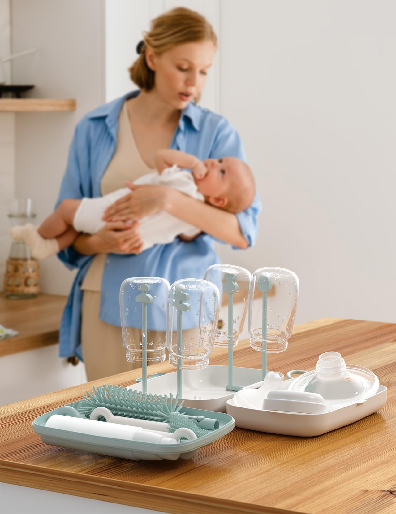 Momcozy 7 in 1 Travel Bottle Cleaning Kit - Baby Bottle Cleaner Set with Silicone Brush, Nipple Brush, Straw Brush, Soap Dispenser, Drying Rack - Home and Travel Bottle Cleaning Tools for Infants
