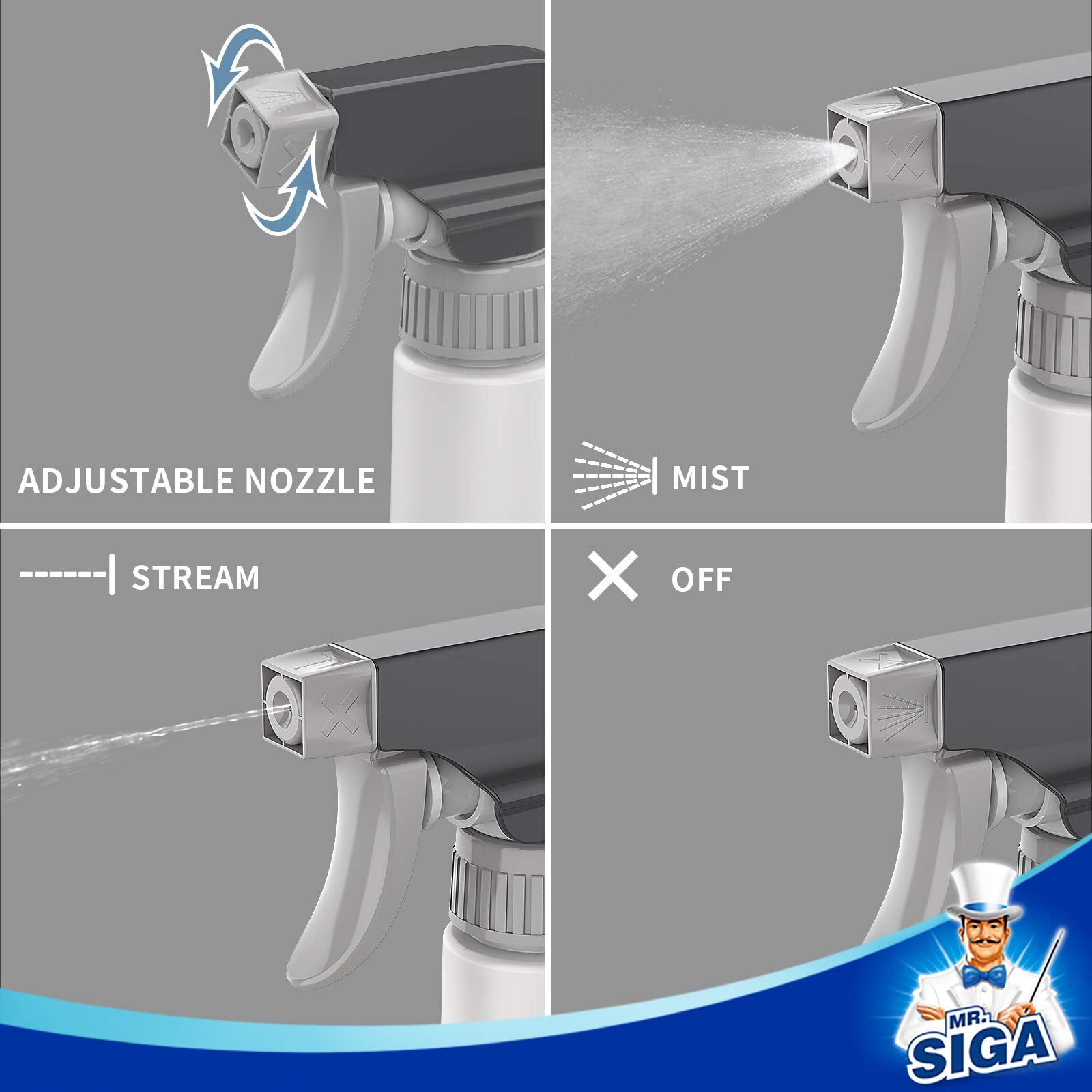MR.SIGA 24 oz Plastic Spray Bottles for Cleaning Solutions, HDPE Commercial Grade Refillable Spray Bottles with Measurements and Adjustable Leak Proof Nozzle, 3 Pack
