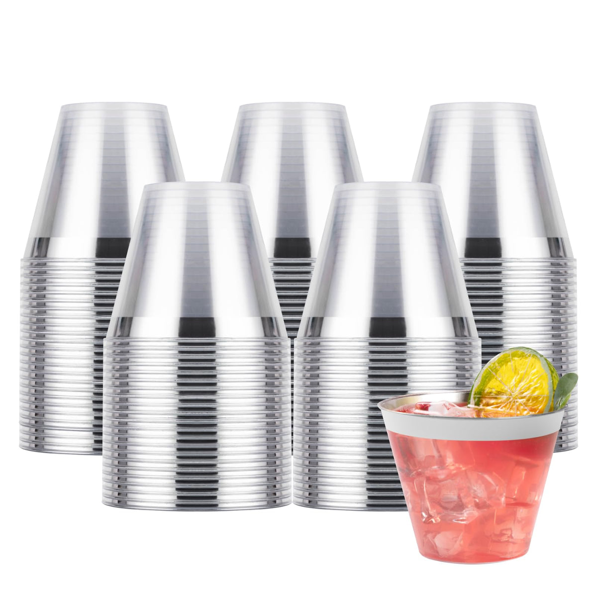 Goodluck 100PCS 9oz Silver Plastic Cups, Clear Plastic Cups with Silver Rim 🍁 All In One Marketplace Canada