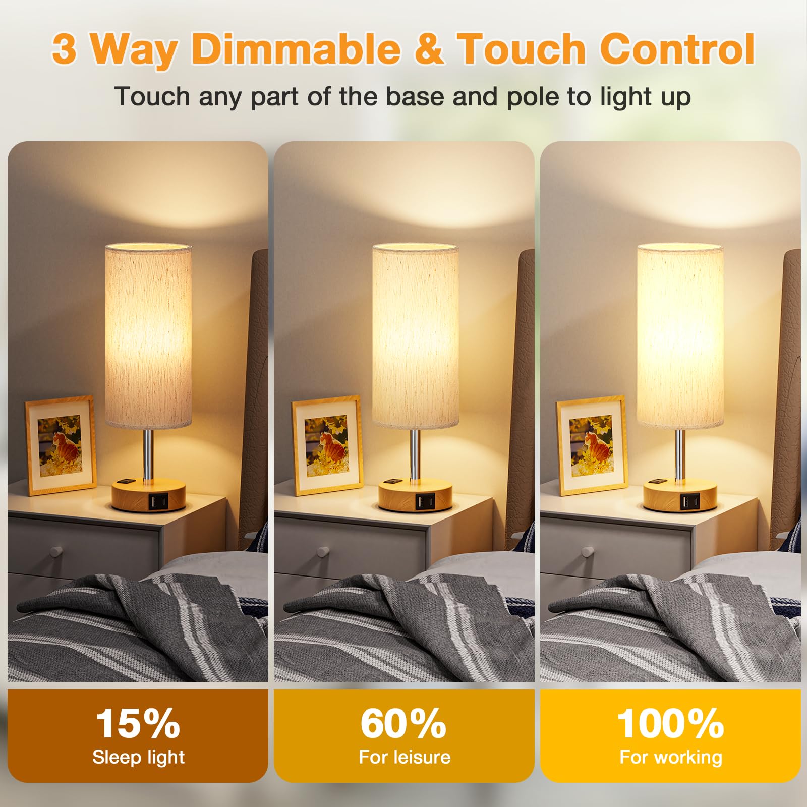 Table Lamp for Bedroom Set of 2 - Touch 3 Way Dimmable Bedside Lamps with USB C and A Ports, Night Lamp for Nightstand with AC Outlet, Desk Lamps for Living Room, Reading Room, Kids Room, Office - Available at All In One Marketplace Canada