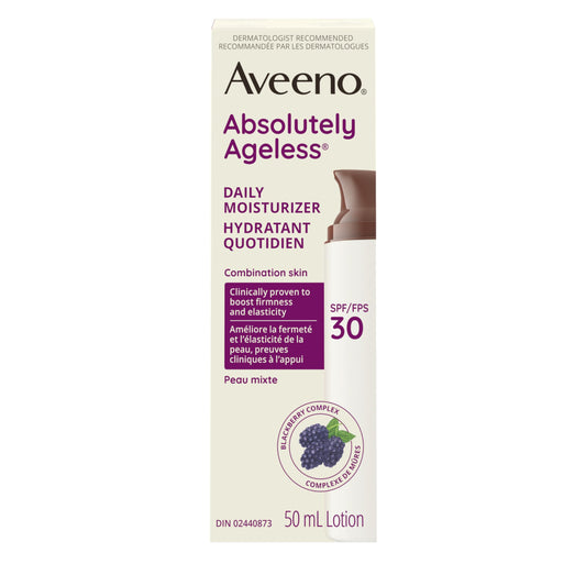 Aveeno Absolutely Ageless Daily Face Moisturizer with SPF 30 Sunscreen – Anti-Aging Wrinkle Cream with Blackberry Complex, Vitamins C & E – Hydrating Facial Moisturizer for Firmer Even Skin Tone 50 mL - Available at All In One Marketplace Canada