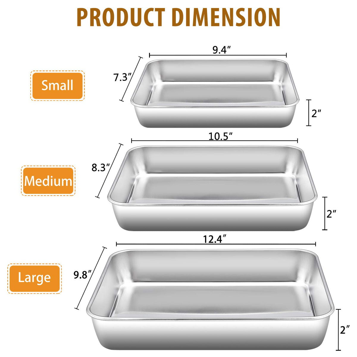 Baking Pans Set of 3, E-far Stainless Steel Sheet Cake Pan for Oven - 12.5/10.5/9.4Inch, Rectangle Bakeware Set for Cake Lasagna Brownie Casserole Cookie, Non-toxic & Healthy, Dishwasher Safe 🍁 All In One Marketplace Canada