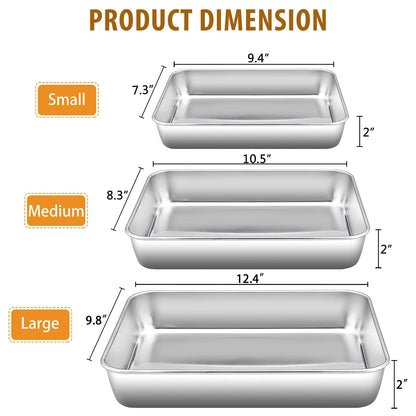 Baking Pans Set of 3, E-far Stainless Steel Sheet Cake Pan for Oven - 12.5/10.5/9.4Inch, Rectangle Bakeware Set for Cake Lasagna Brownie Casserole Cookie, Non-toxic & Healthy, Dishwasher Safe 🍁 All In One Marketplace Canada