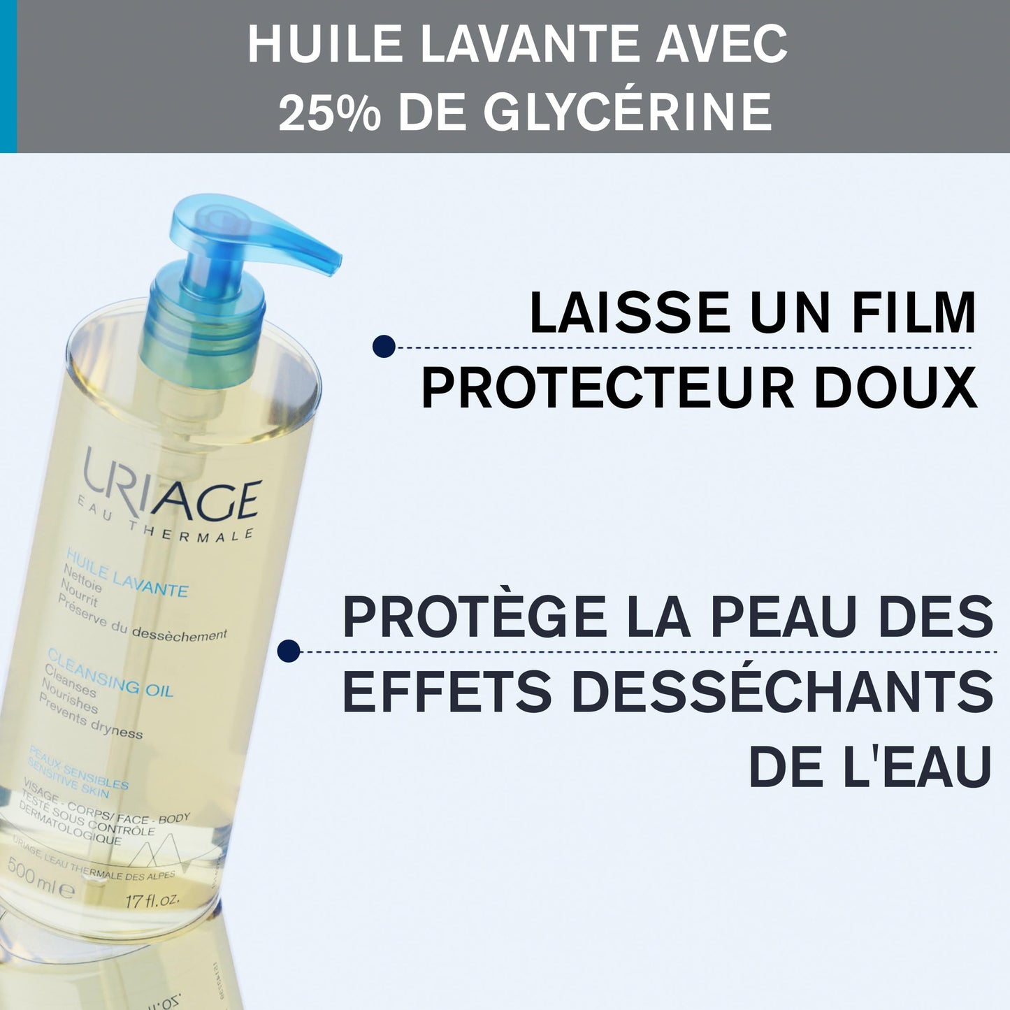 Uriage Cleansing Soothing Oil - Face & Body Daily Cleanser & Shower Oil With Glycerin & Ceramides - Whole Family Format, Babies, Children & Adults - Sensitive Skin - Soap-Free, Fragrance-Free - 500ml Uriage