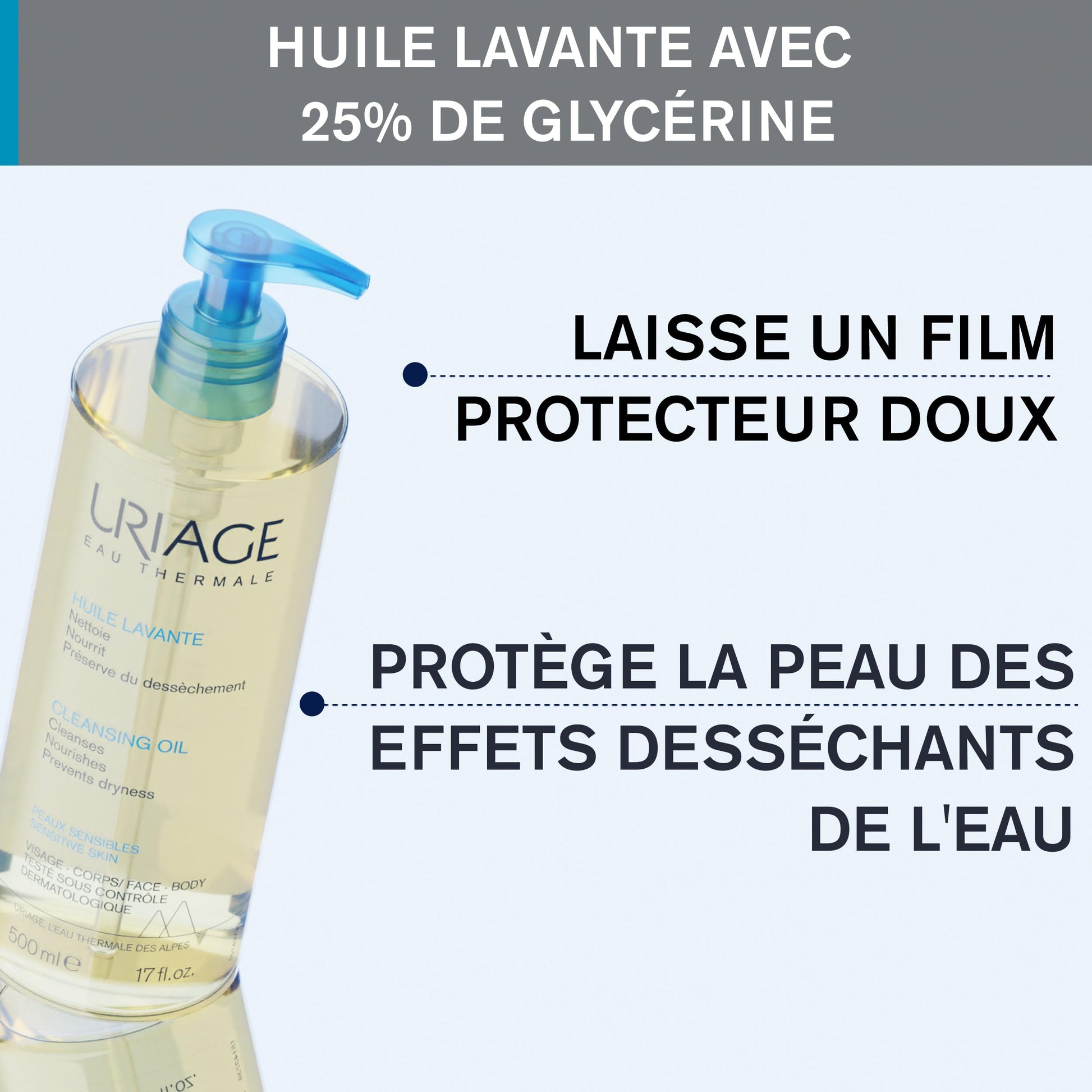 Uriage Cleansing Soothing Oil - Face & Body Daily Cleanser & Shower Oil With Glycerin & Ceramides - Whole Family Format, Babies, Children & Adults - Sensitive Skin - Soap-Free, Fragrance-Free - 500ml Uriage