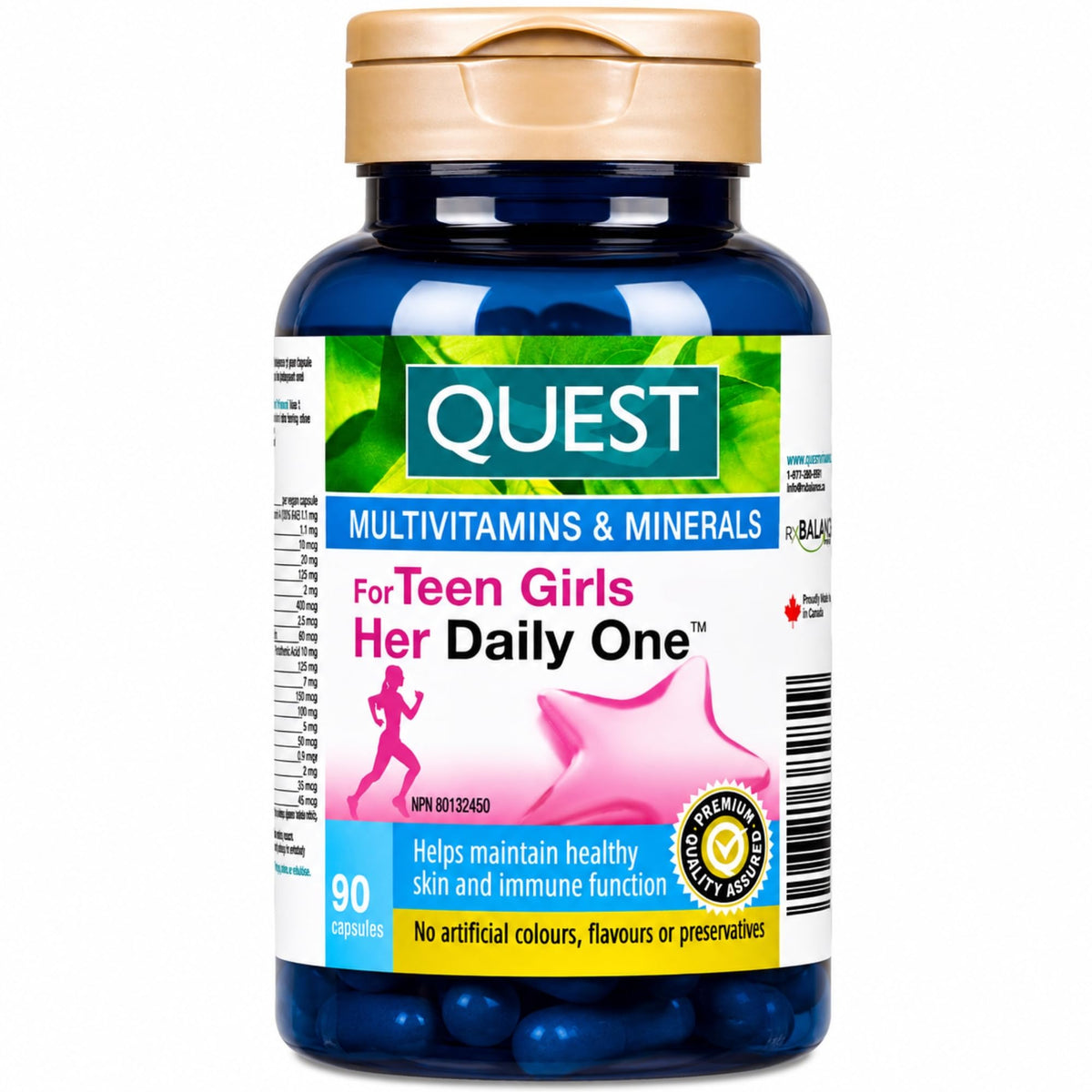 Quest Vitamins Her Daily One for Teen Girls Ages 9–18 – Once-Daily Multivitamin & Mineral Supplement for Skin, Bone & Immune Support – 90 Capsules (3-Month Supply)