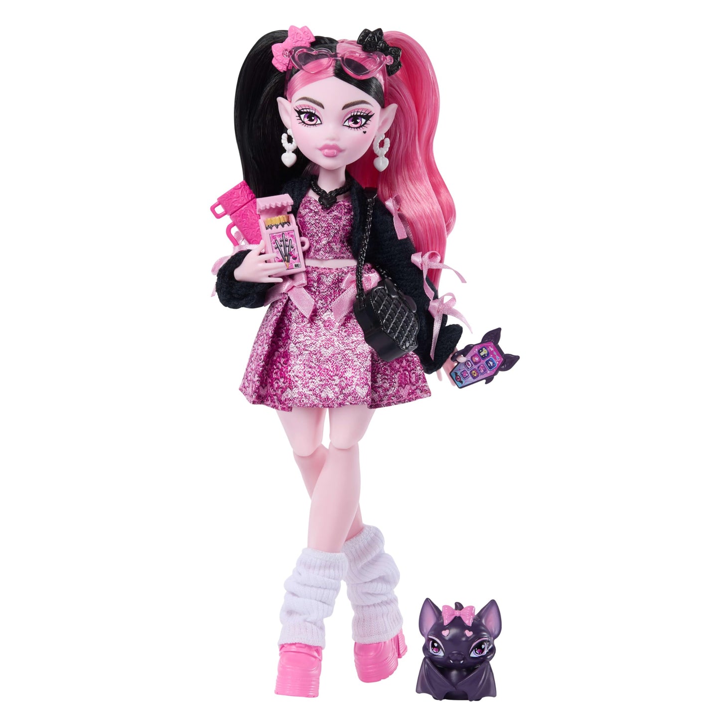 Monster High Doll, Draculaura in Pink Bow Dress and Black Cardigan with Pet Bat Count Fabulous and 7 Accessories Like Ramen, Lipstick and Purse 🍁 All In One Marketplace Canada