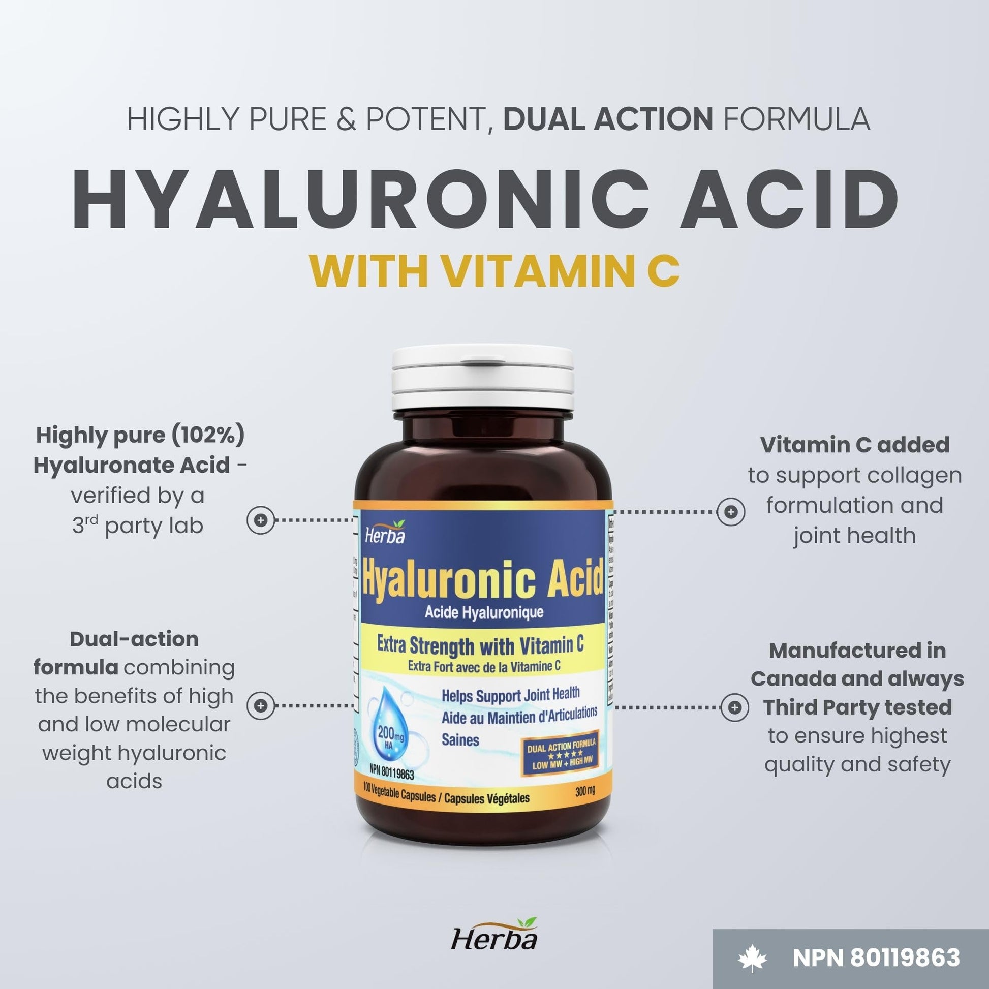 Herba Hyaluronic Acid Supplement 200mg - 100 Capsules | 100% Purity Hyaluronic Acid Capsules with Vitamin C to Support Joint and Bone Health | Made in Canada - Available at All In One Marketplace Canada
