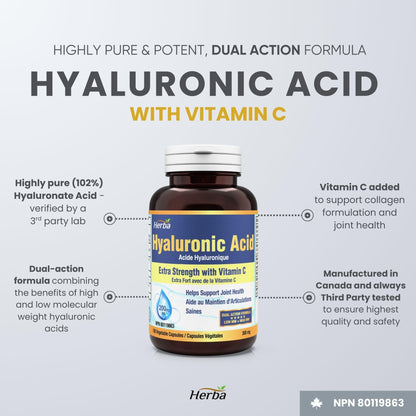 Herba Hyaluronic Acid Supplement 200mg - 100 Capsules | 100% Purity Hyaluronic Acid Capsules with Vitamin C to Support Joint and Bone Health | Made in Canada - Available at All In One Marketplace Canada