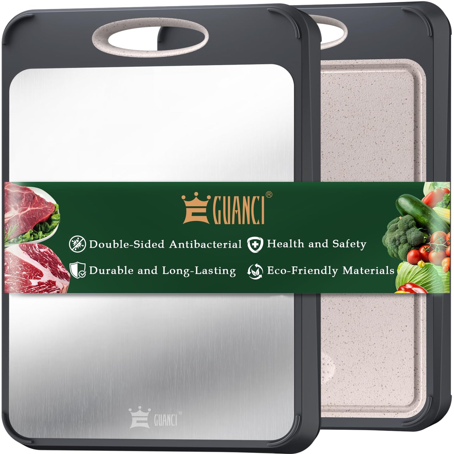 GUANCI Cutting Board for Kitchen Double Sided 304 Stainless Steel Chopping Board Food-Grade Stainless Steel and Wheat Straw PP Large Size 16”×11” Easy to Clean - Available at All In One Marketplace Canada