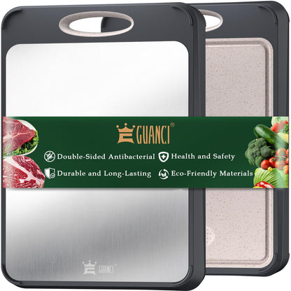 GUANCI Cutting Board for Kitchen Double Sided 304 Stainless Steel Chopping Board Food-Grade Stainless Steel and Wheat Straw PP Large Size 16”×11” Easy to Clean - Available at All In One Marketplace Canada