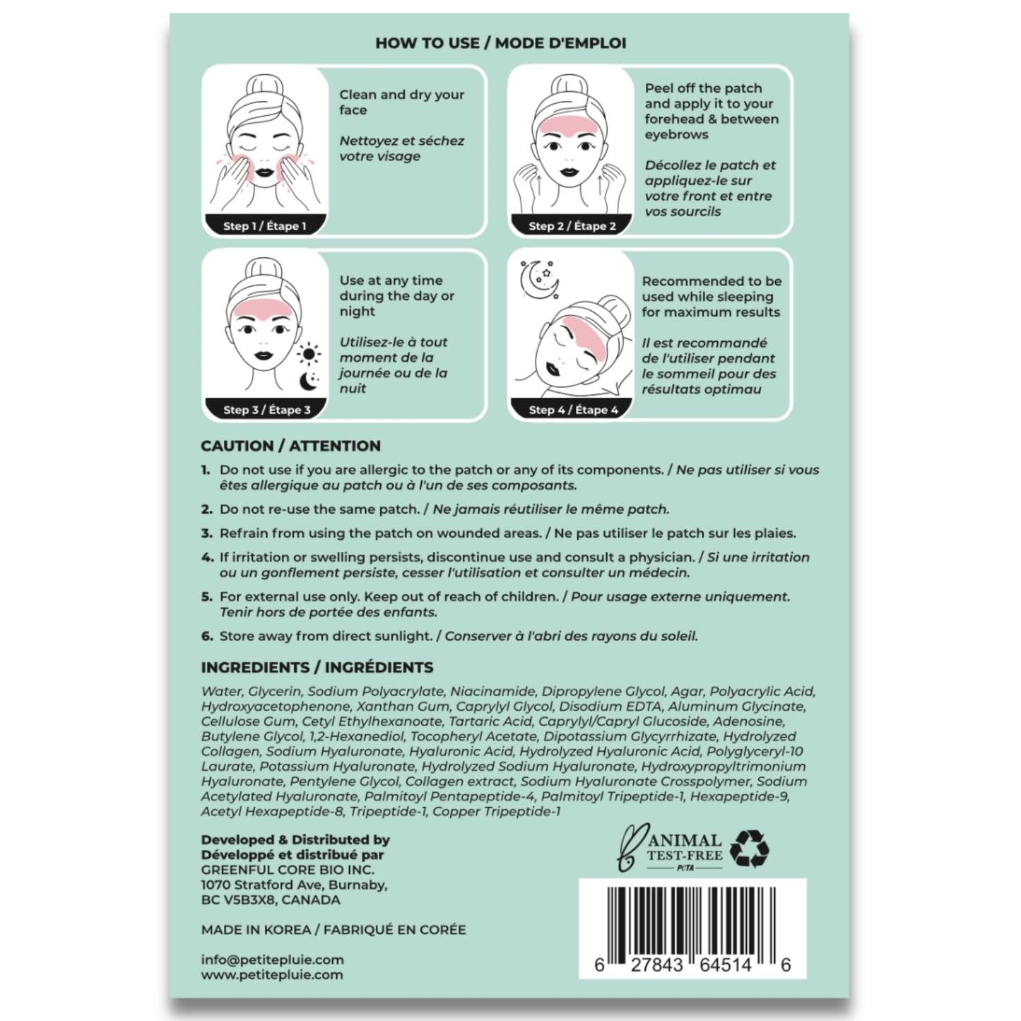 Petite Pluie Overnight Use Advanced Canadian Forehead Smoothing Patches - Premium Hydrogel Non-Sticky Hydration Collagen Face Mask - Superior Adhesion with Extra Large Size for Necklines & Frown Lines Treatment, Made in Korea, 10 Count - Available at All In One Marketplace Canada