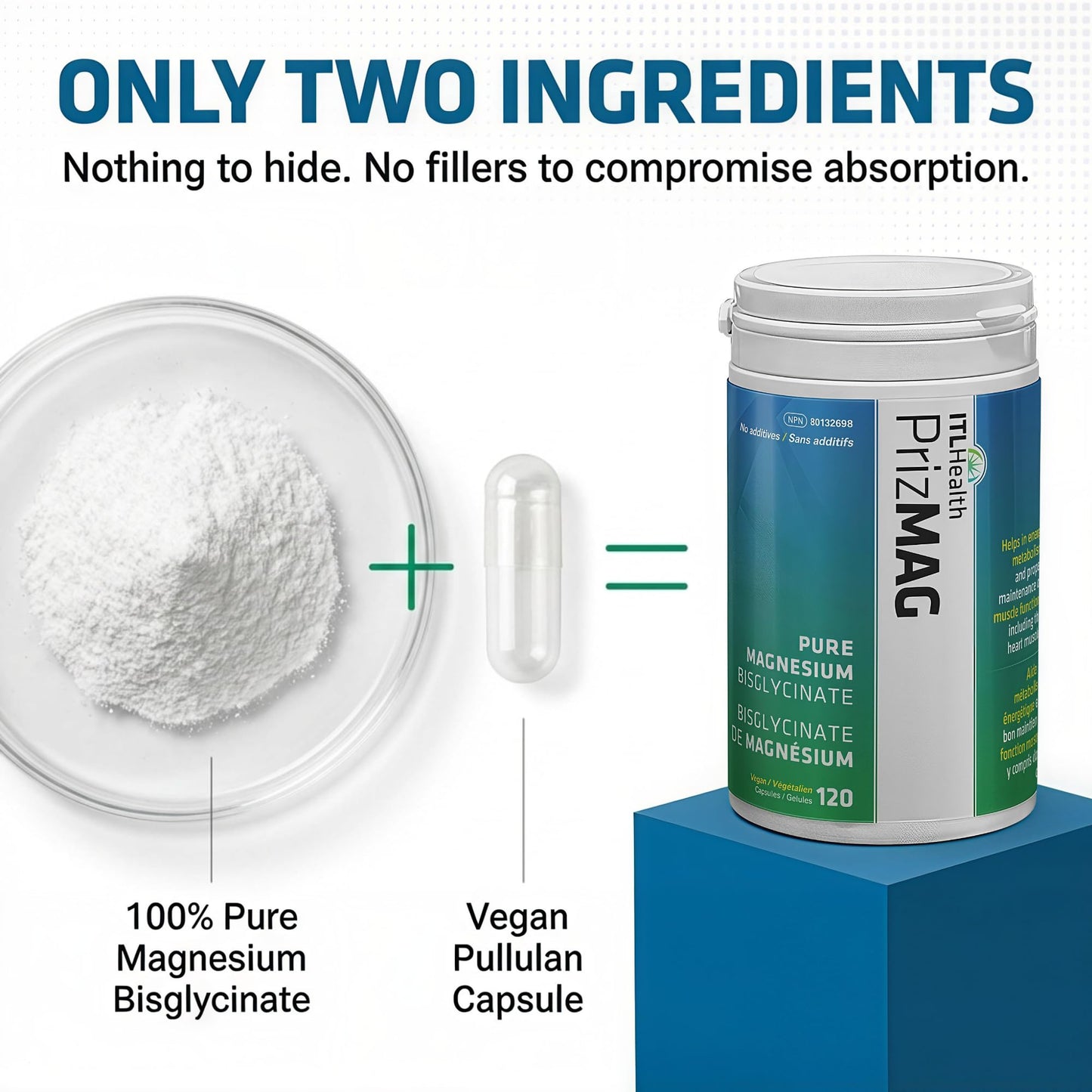 PrizMAG Pure Magnesium Bisglycinate, Magnesium Glycinate, 380mg of Mag Per Serving | Supports Muscle & Bone Health - Gentle on Digestion & High Absorption | Made in Canada - 120 Capsules - Available at All In One Marketplace Canada
