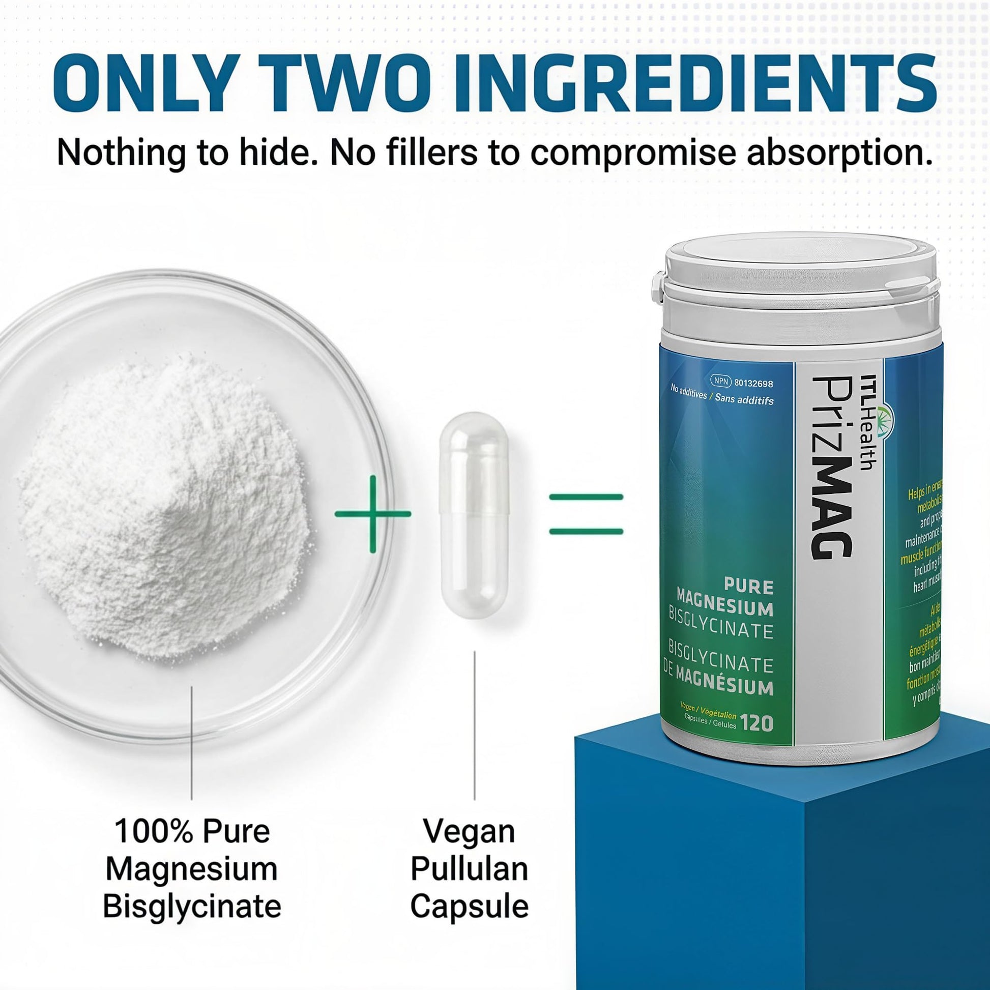 PrizMAG Pure Magnesium Bisglycinate, Magnesium Glycinate, 380mg of Mag Per Serving | Supports Muscle & Bone Health - Gentle on Digestion & High Absorption | Made in Canada - 120 Capsules - Available at All In One Marketplace Canada