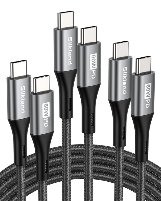 Silkland USB C to USB C Cable 60W 3 Pack [6.6ft+3.3ft+1.6ft], PD QC 3.0, Type C Fast Charger USBC Cord Compatible for iPhone 17, Samsung S24/S23 Ultra, iPad Pro Air Mini, MacBook, Pixel