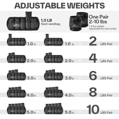 Sportneer Adjustable Ankle Weights 1 Pair 2 4 6 8 10 Lbs Leg Weight Straps for Women Men, Weighted Ankle Weights Set for Gym, Fitness, Workout, Walking, Jogging,1-5 lbs Each Ankle Weight, 1 Pair 2-10 lbs