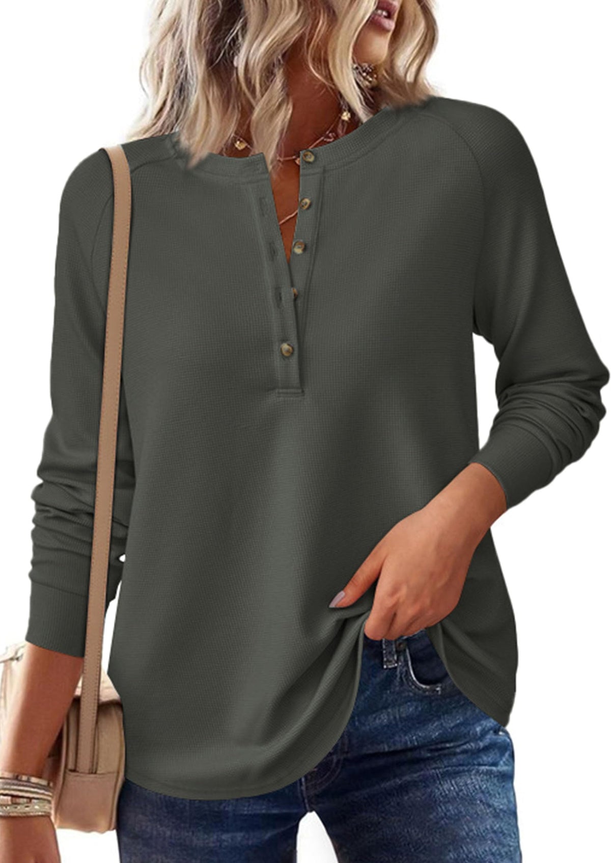 PRETTYGARDEN Women Long Sleeve Waffle Knit Shirt 2026 Spring Casual Button V Neck Loose Henley Tops Basic Tees Winter Clothes(Army Green,Large) 🍁 All In One Marketplace Canada