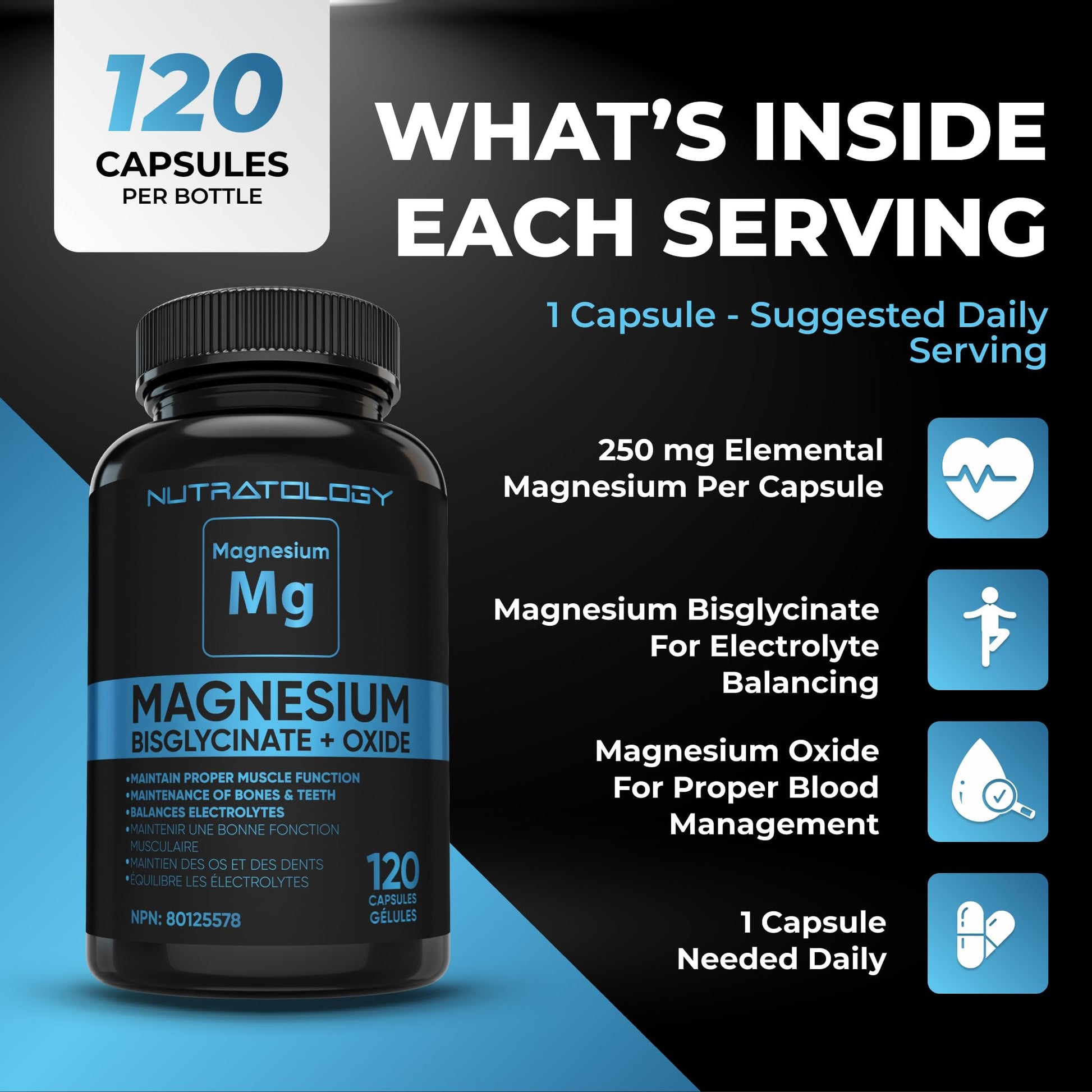 Nutratology® Magnesium Bisglycinate + Oxide | Canadian-Made | Relaxes Muscles, Improves Sleep Quality, Maintains Proper Muscle Functions & Enhances Bone Density | 250MG Per Capsule | 120 Capsules