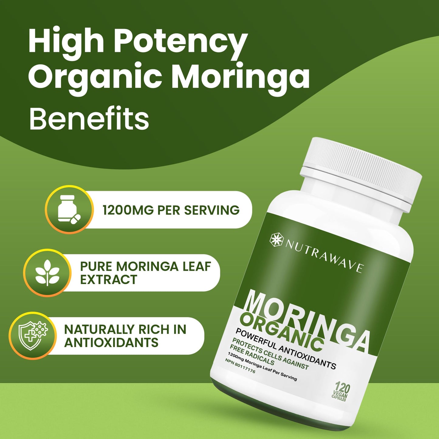 Nutrawave ORGANIC MORINGA LEAF Capsules 1200mg High Potency (2 x 600mg) – Gluten Free, Non-GMO, Vegan-Friendly Antioxidant Supplement -120 Capsules - Available at All In One Marketplace Canada