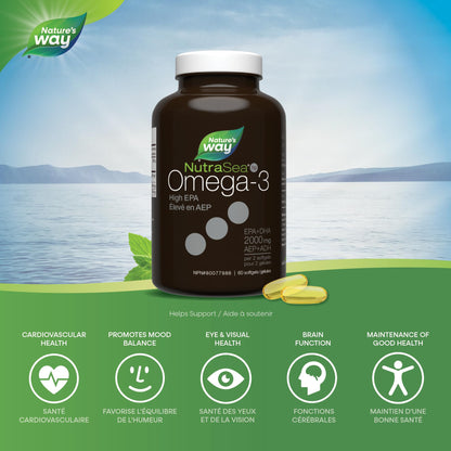 Nature's Way NutraSea HP Omega 3 Extra Strength Supplement with Fish Oil – Fresh Mint Flavour – Heart & Brain Support for Adults and Kids 9+ – 60 Softgels - Available at All In One Marketplace Canada