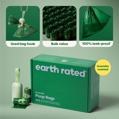 Earth Rated Dog Poop Bag Holder, Durable and Guaranteed Leakproof, Lavender Scented, 1 Dispenser and 900 Bags