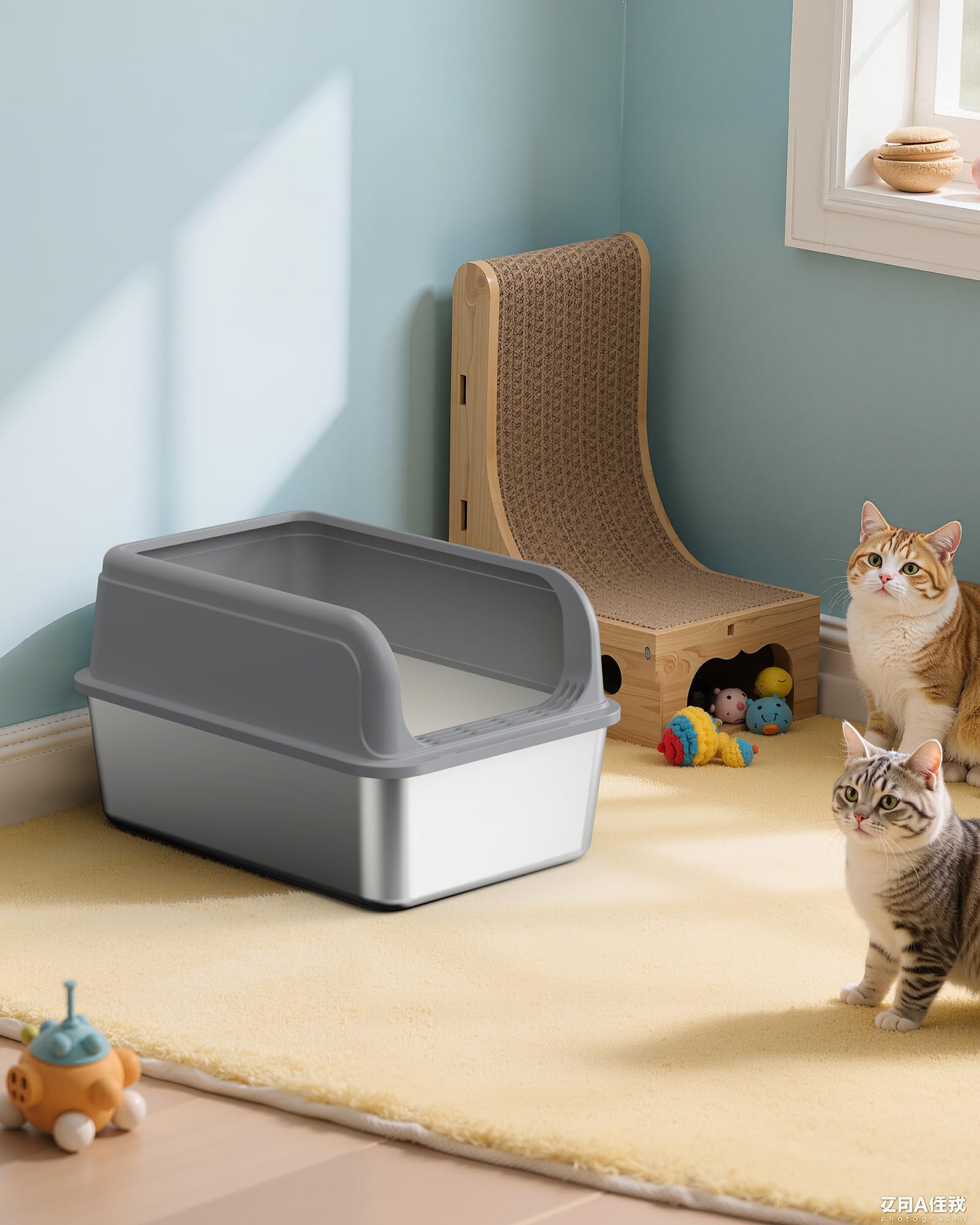 Powools Stainless Steel Cat Litter Box for Kittens, Metal Kitty Litter Box with Scoop, Anti-Leakage Top Entry, Non-Sticky, Easy to Clean, Grey, M (1 Pack) - Available at All In One Marketplace Canada
