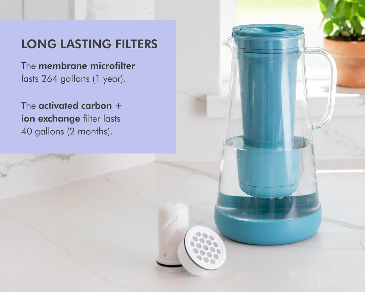 LifeStraw Home – Water Filter Pitcher, 7-Cup, Glass with Silicone Base, Stormy Blue, for Everyday Protection Against Bacteria, parasites, microplastics, Lead, Mercury, PFAS and a Variety of Chemicals