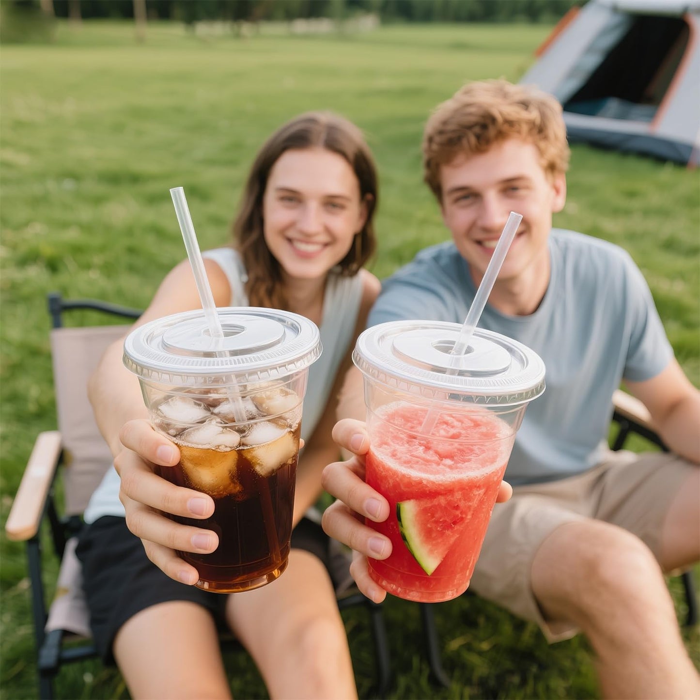 Joyeux 100 Pack 16 oz Clear Plastic Cups with Lids and Straws - Disposable Iced Coffee Cups for Matcha, Milkshakes, Smoothies and to go Drinks - Available at All In One Marketplace Canada
