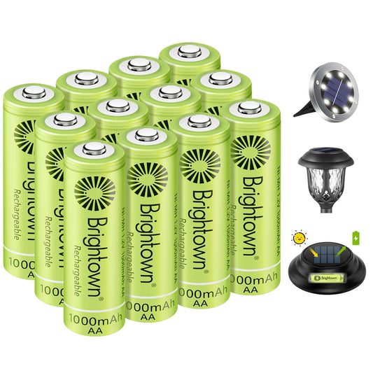 Brightown 12-Pack Rechargeable AA Batteries - 1000mAh 1.2V NiMH High Capacity Batteries - Ideal for Solar Lights & Home Devices, Recharge up to 1000x Times, Pre-Charged - Available at All In One Marketplace Canada