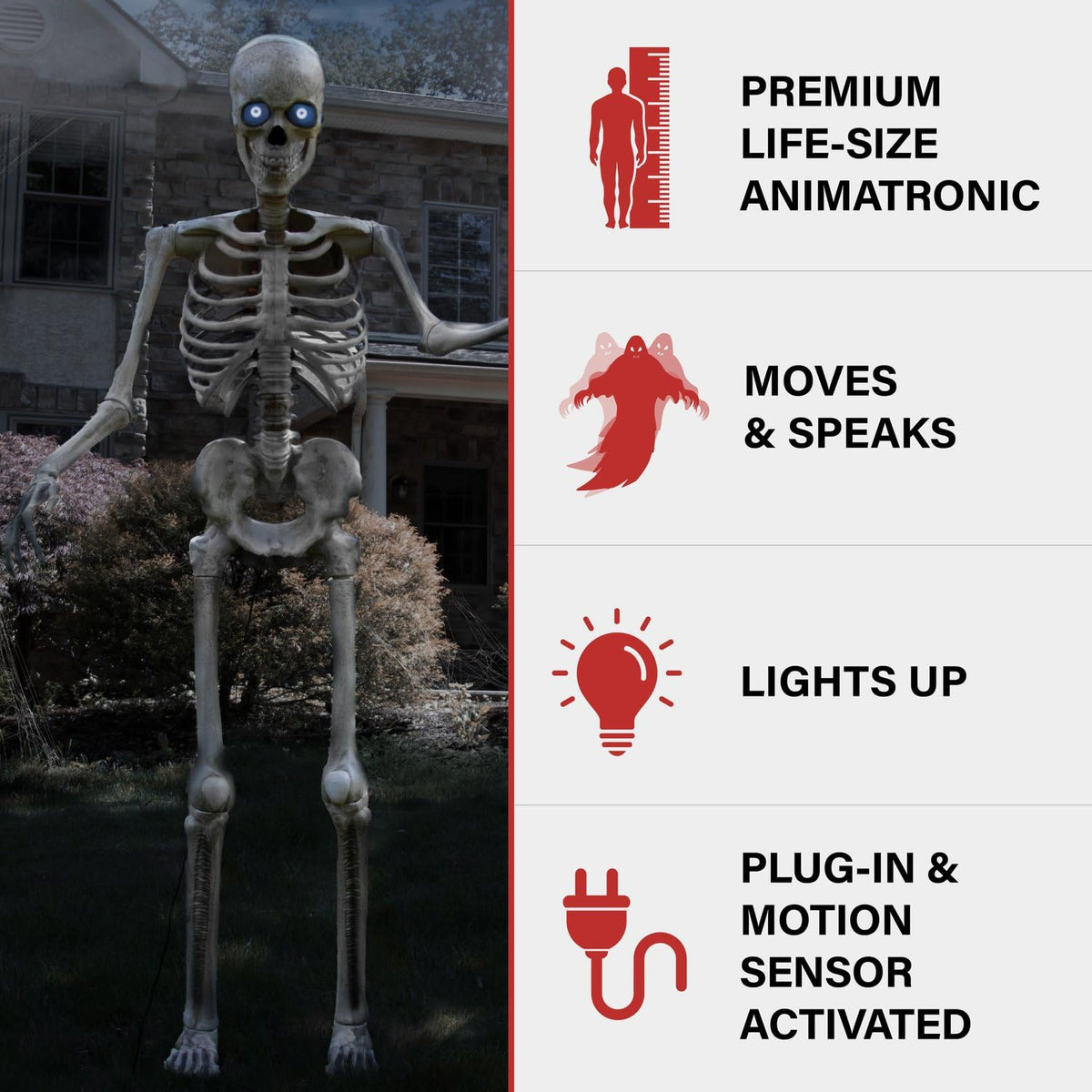 Haunted Hill Farm, squelette géant Bones McNeely de 2,4 mètres par SVI, accessoire animatronique effrayant activé par le mouvement avec effets sonores pour décoration d'Halloween en intérieur ou en extérieur abrité