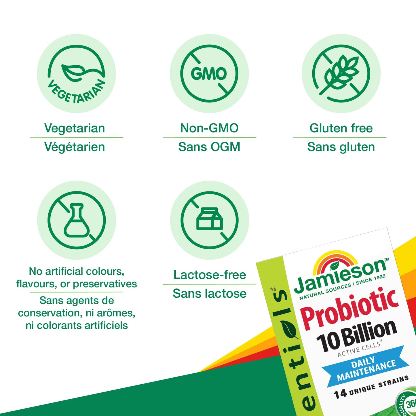 Jamieson Probiotic 10 Billion CFU, 60 Veggie Capsules, Daily Maintenance, Intestinal & Digestive Health. 14 Unique Strains to Improve Microbial Diversity, Bifidobacterium and Lactobacillus, Non-GMO