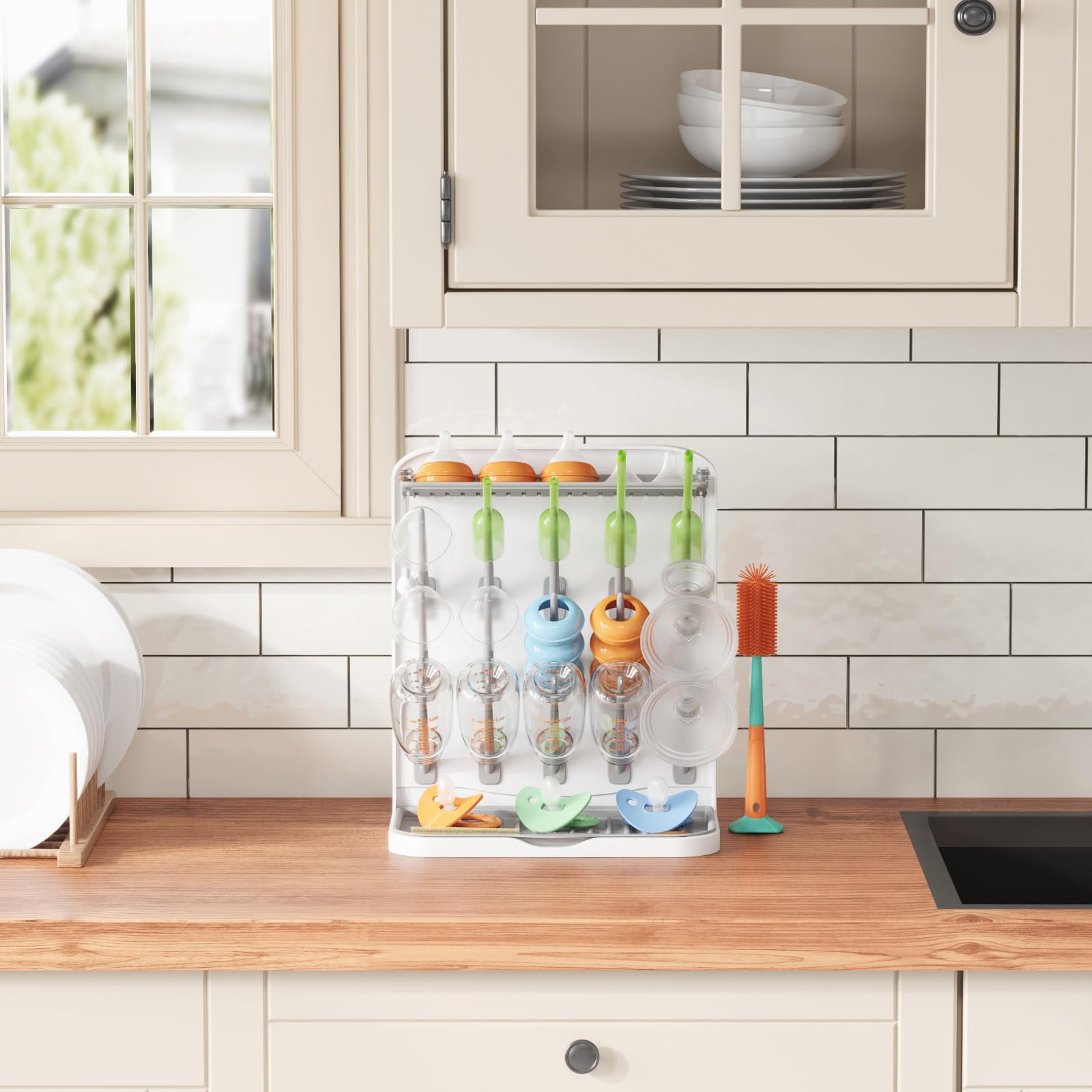 Lifewit Large Baby Bottle Drying Rack for 15 Bottles, Removable Pacifiers Box, Drip Tray, Vertical Rack for Bottle Accessories, Weighted Straws，Pump Parts, BPA-Free, White&Gray, Without Drain Mat