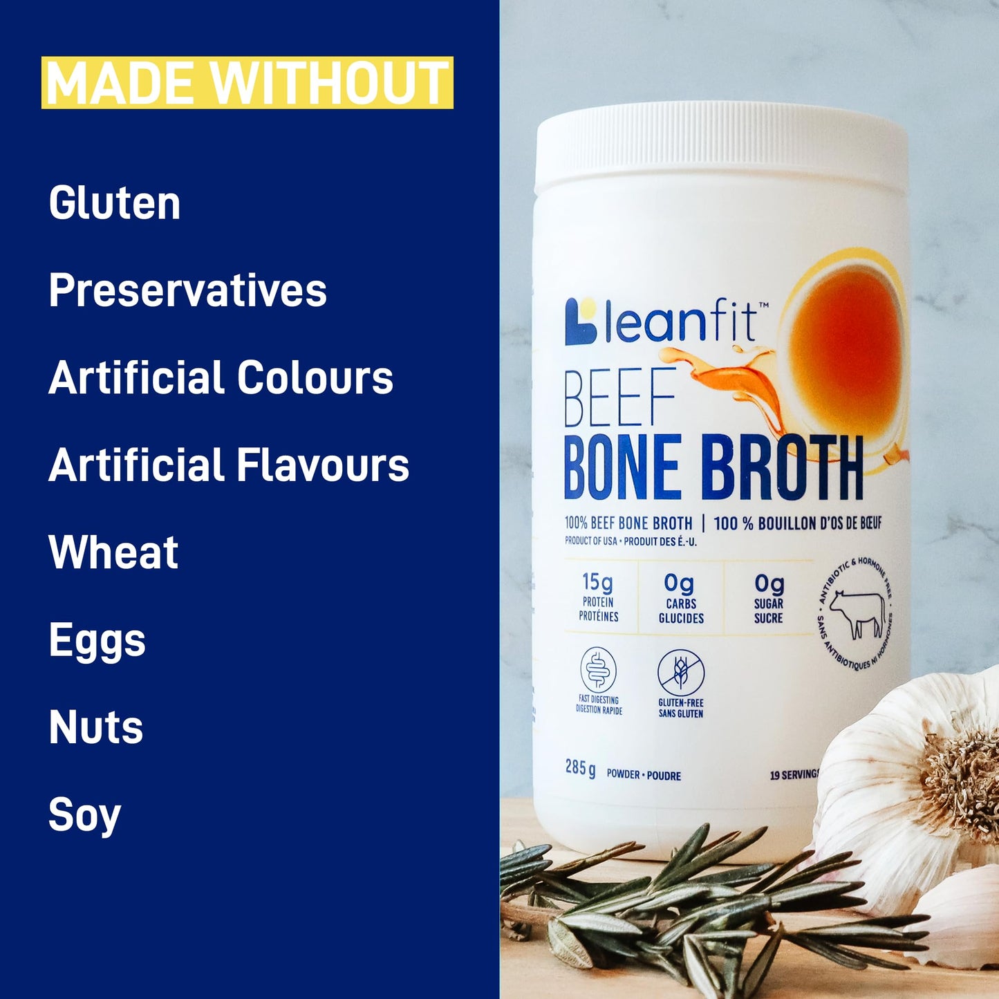 LeanFit Grass-Fed Beef Bone Broth Powder - 15g Protein, 19 Servings, 285g