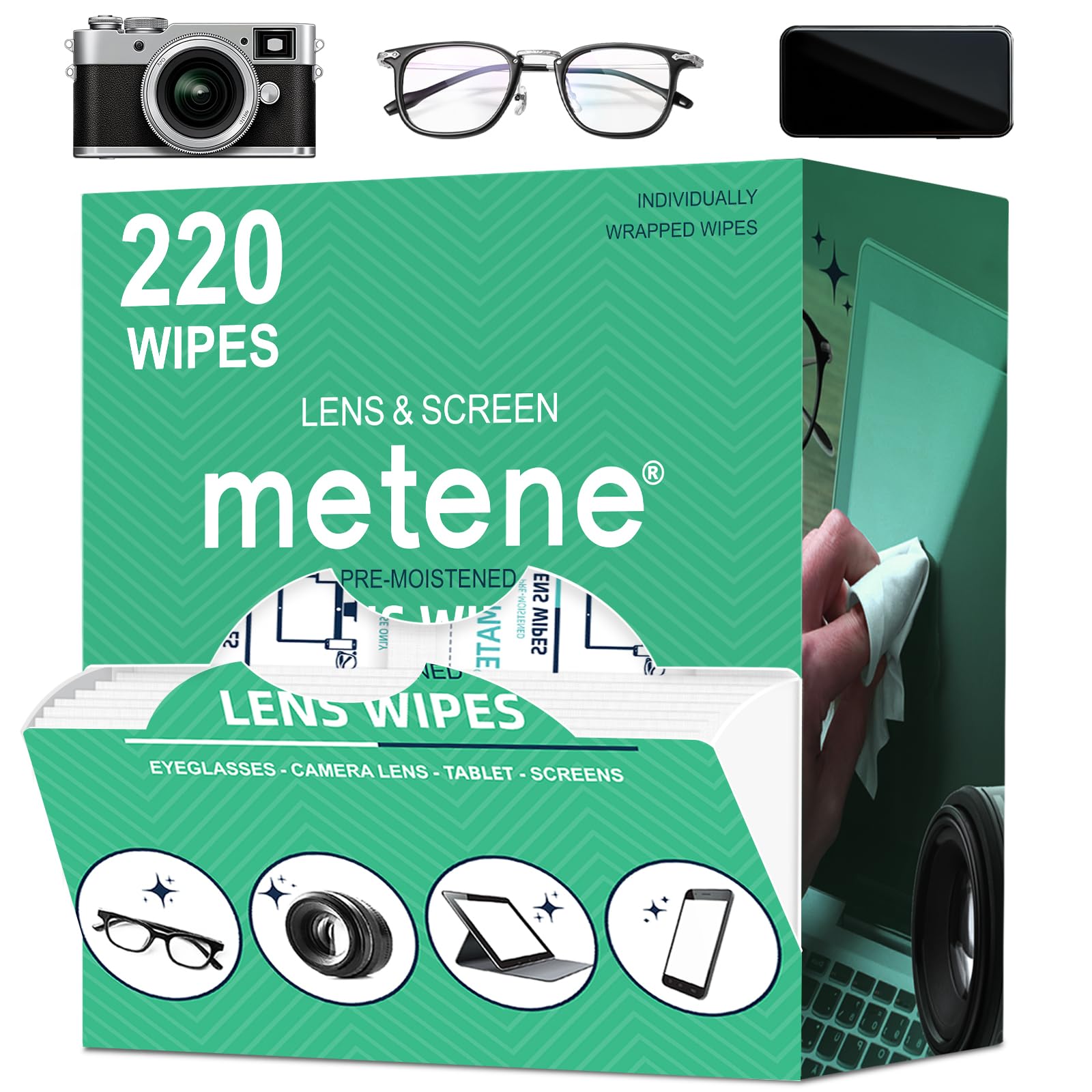 Metene Lens Wipes, 220 Pre-Moistened Individually Wrapped Glasses Wipes - Available at All In One Marketplace Canada
